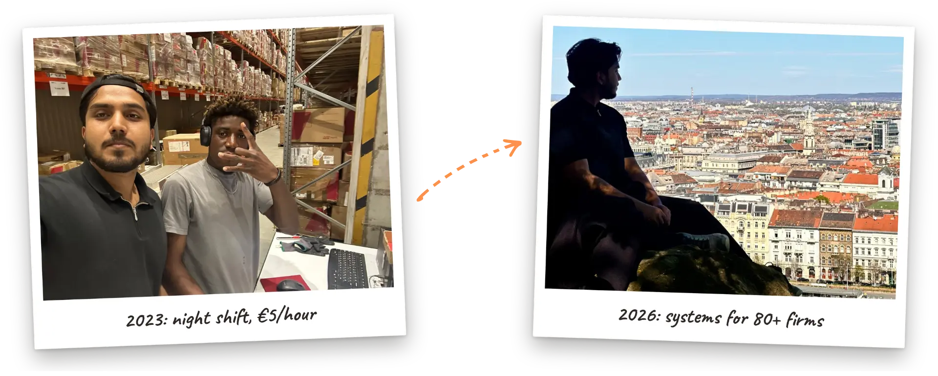 2023: night shift, 5 per hour. 2026: building systems for 80+ firms.